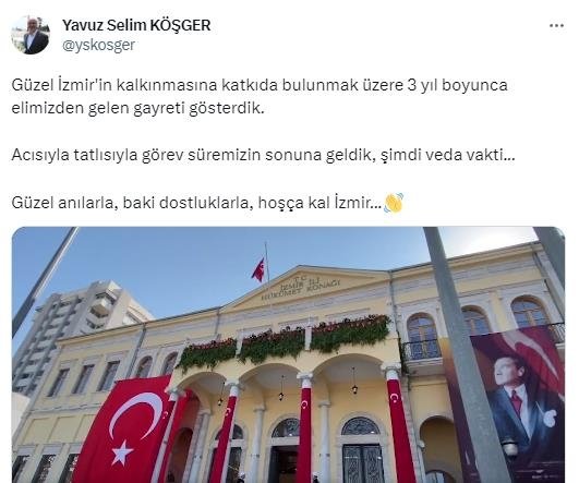 Vali Köşger’den veda mesajı: Hoşça kal İzmir