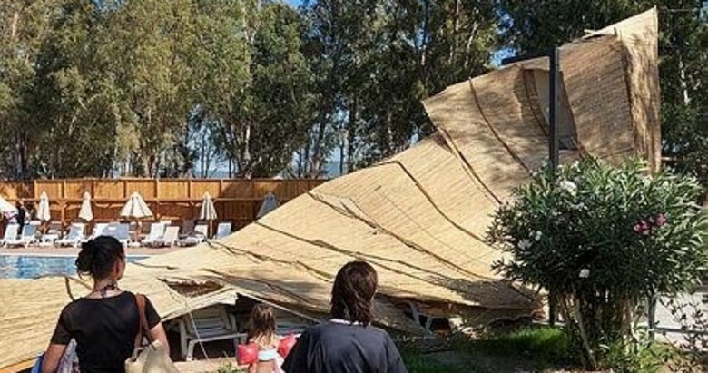 Didim’de faciadan dönüldü! Rüzgar otelin tentesini uçurdu