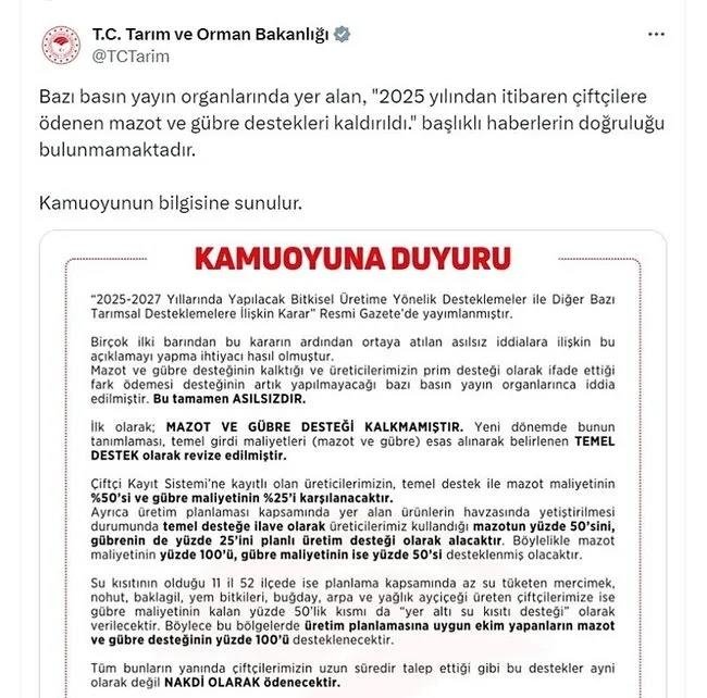Tarım ve Orman Bakanlığı: Mazot ve gübre desteği kalkmadı