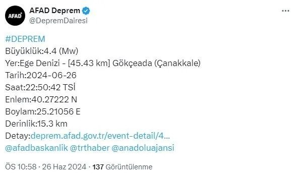Son Dakika... Çanakkale açıklarında deprem!