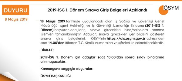 Isg Sinav Giris Belgesi Yayinlandi Osym 2019 Isg 1 Donem Sinavi