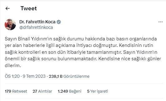 Sağlık Bakanı Koca’dan Binali Yıldırım açıklaması: Önemli bir sağlık sorunu bulunmamakta