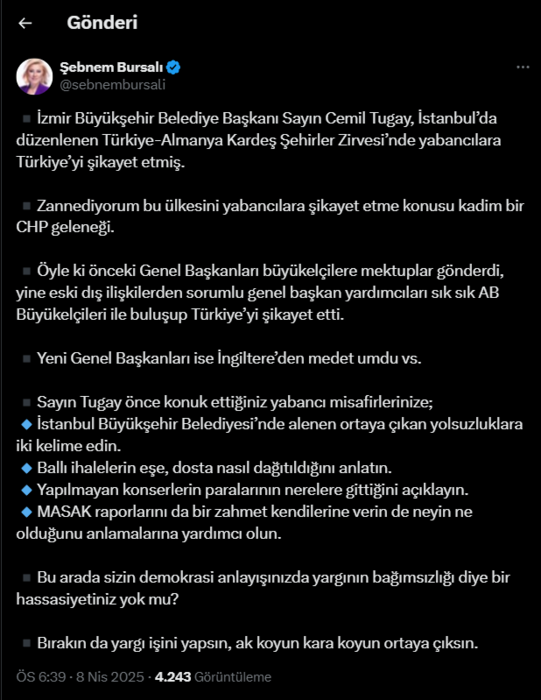 AK Parti İzmir milletvekili Şebnem Bursalı’dan Cemil Tugay’a sert tepki! Türkiye’yi yabancılara şikayet etti