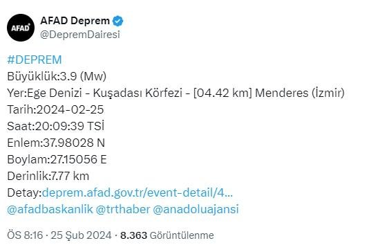 Son dakika... Ege Denizi’nde korkutan deprem! 3.9 büyüklüğünde