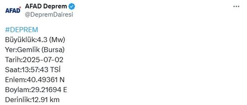 Son dakika: AFAD duyurdu! Bursa’da 4,3 büyüklüğünde deprem