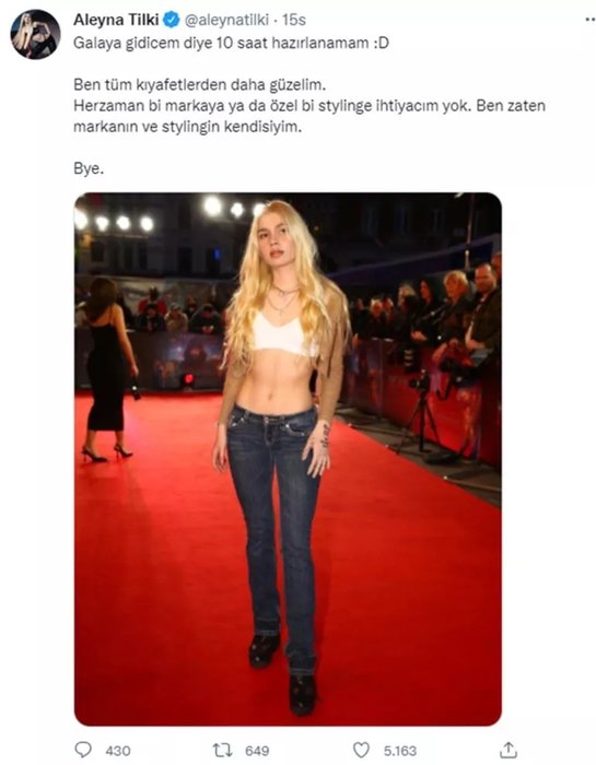 Galaya kot pantolonla katılan ve eleştirilen Aleyna Tilki’den açıklama!