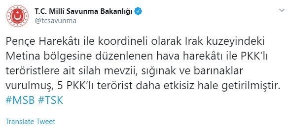 Irak kuzeyine hava harekatı! 5 PKK’lı terörist daha etkisiz hale getirildi