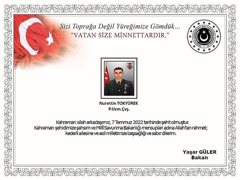 2022’de şehit olan Piyade Uzman Çavuş Tokyürek’in naaşına ulaşıldı