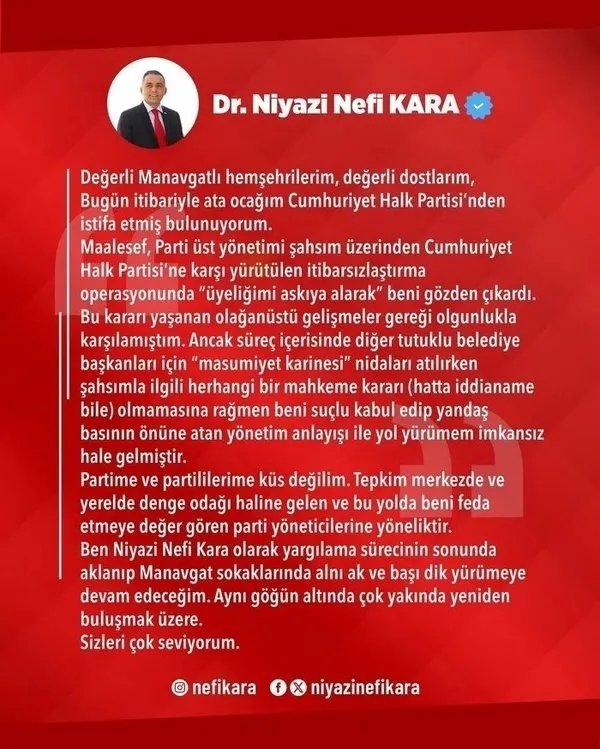 Manavgat soruşturmasında tutuklanmıştı: CHP’li Niyazi Nefi Kara partisinden istifa etti