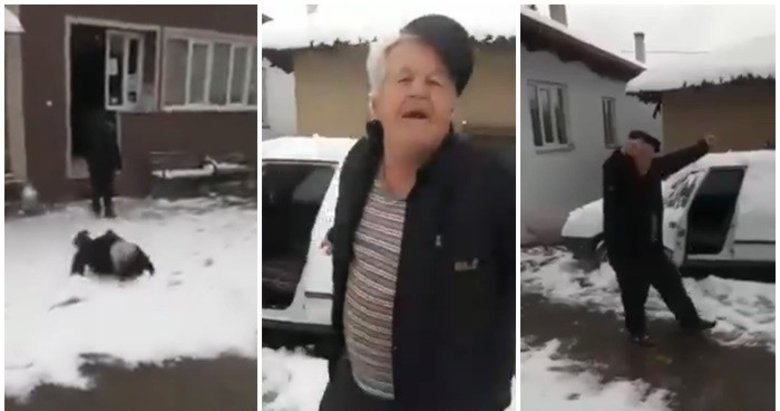 Yaşlı adam kar yağınca sevinçten çiftetelli oynadı