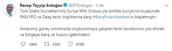 Başkan Erdoğan: ’Barış Pınarı Harekatı’ başladı