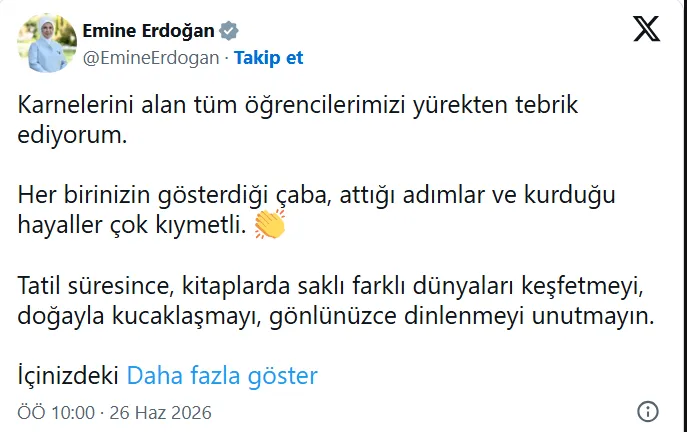 Emine Erdoğan’dan ’karne günü’ mesajı