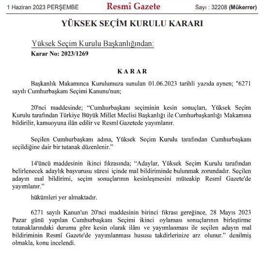 Cumhurbaşkanlığı Seçimi kesin sonuçları Resmi Gazete’de yayımlandı