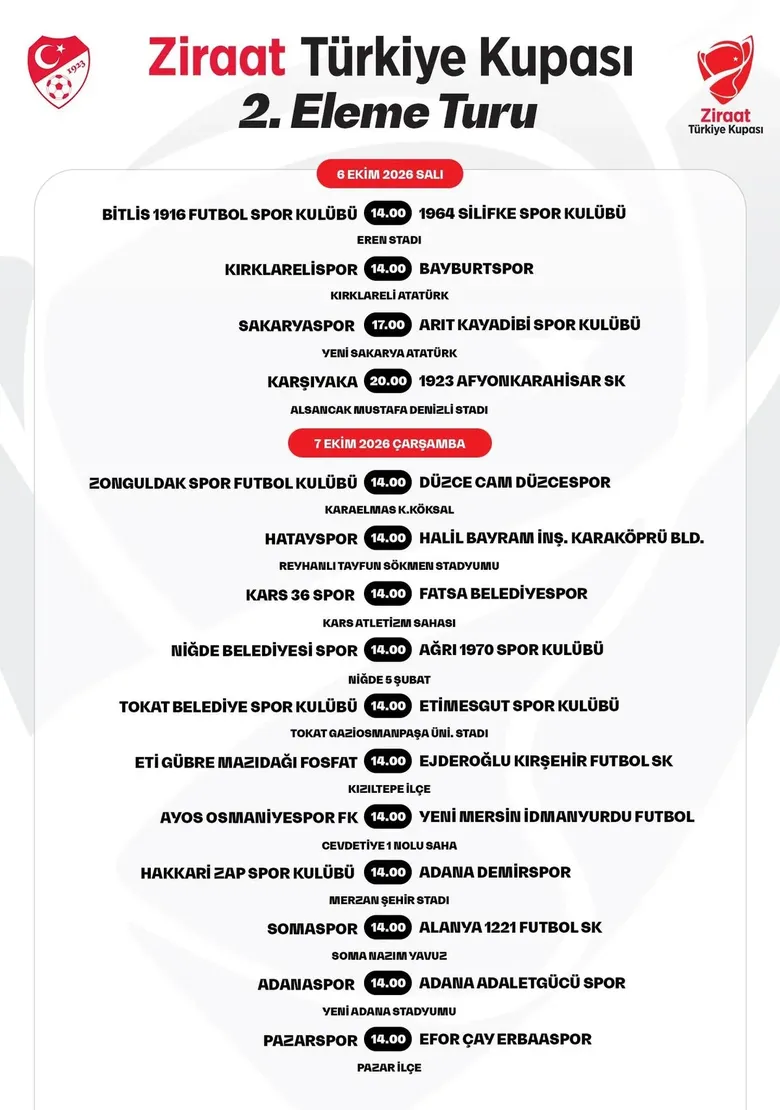 ZİRAAT TÜRKİYE KUPASI 2. TUR MAÇ TAKVİMİ | Ziraat Türkiye Kupası’nda 2. Eleme Turu programı açıklandı!