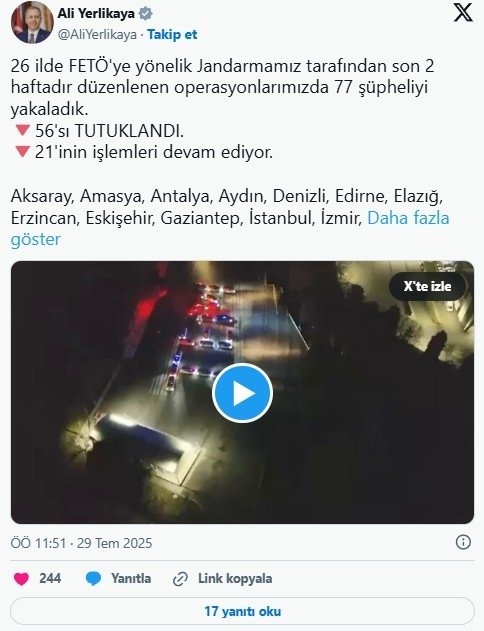 Bakan Yerlikaya açıkladı: 26 ilde FETÖ’ye operasyonlarda 77 şüpheliyi yakalandı