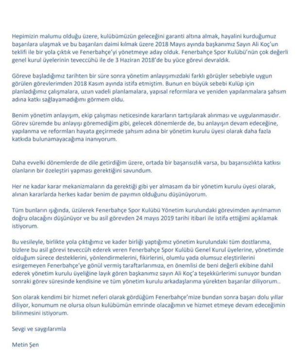 Fenerbahçe Yönetim Kurulu Üyesi Metin Şen istifa etti