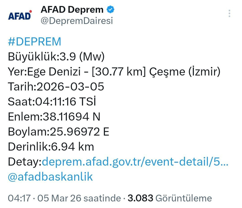 SON DAKİKA: İzmir Çeşme’de deprem!