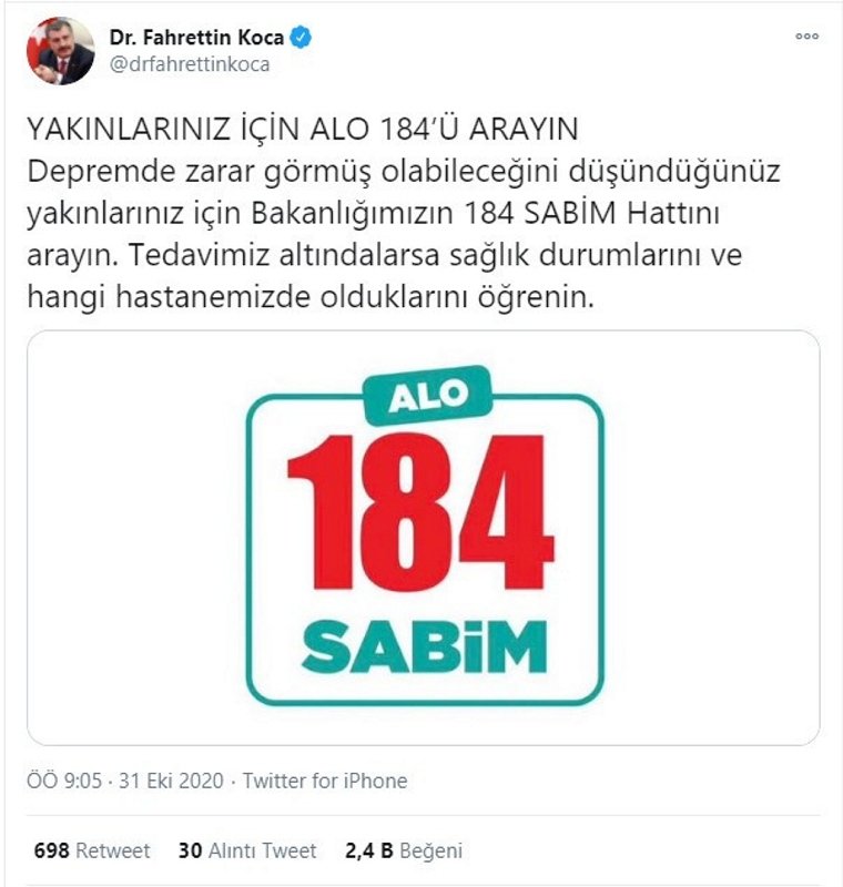 İzmir depremi için Alo 184 hattında özel ekip kuruldu