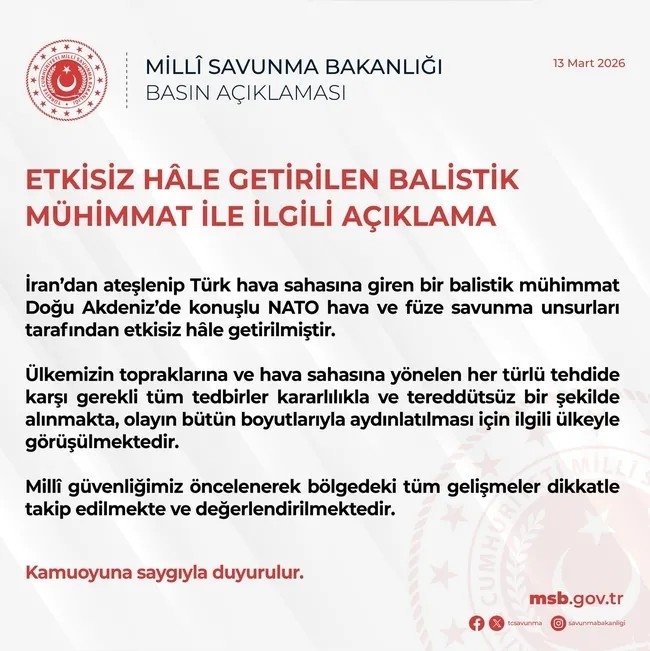 MSB duyurdu: İran’dan ateşlenen füze etkisiz hale getirildi!
