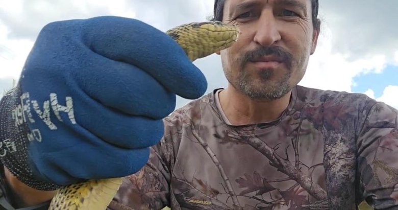 Eve girmeye çalışan yılanı son anda yakaladı