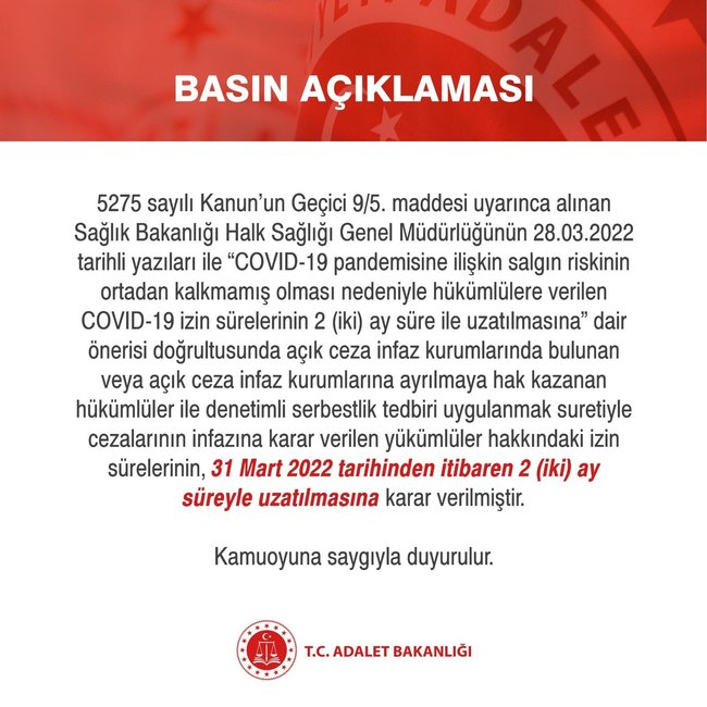 Açık cezaevi hükümlülerinin koronavirüs izinleri iki ay uzatıldı